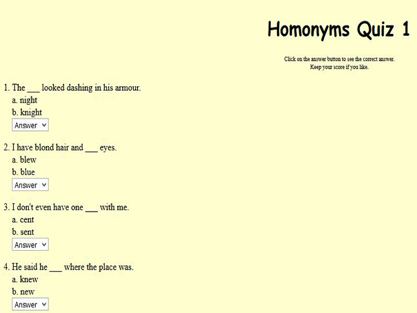 Homonym Quizzes